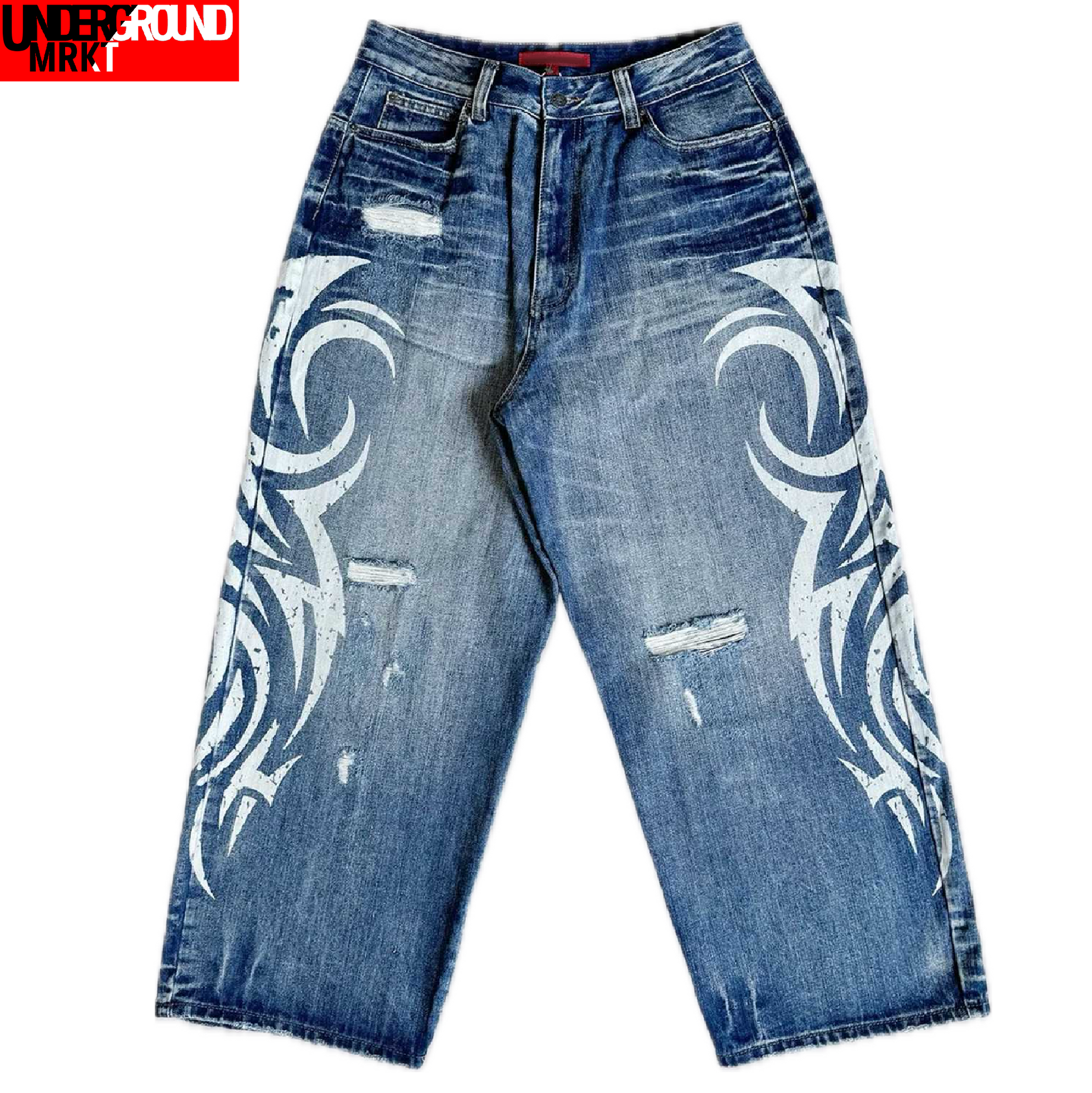 BAGGY TRIBAL DISTRESSED JEANS (BLUE)