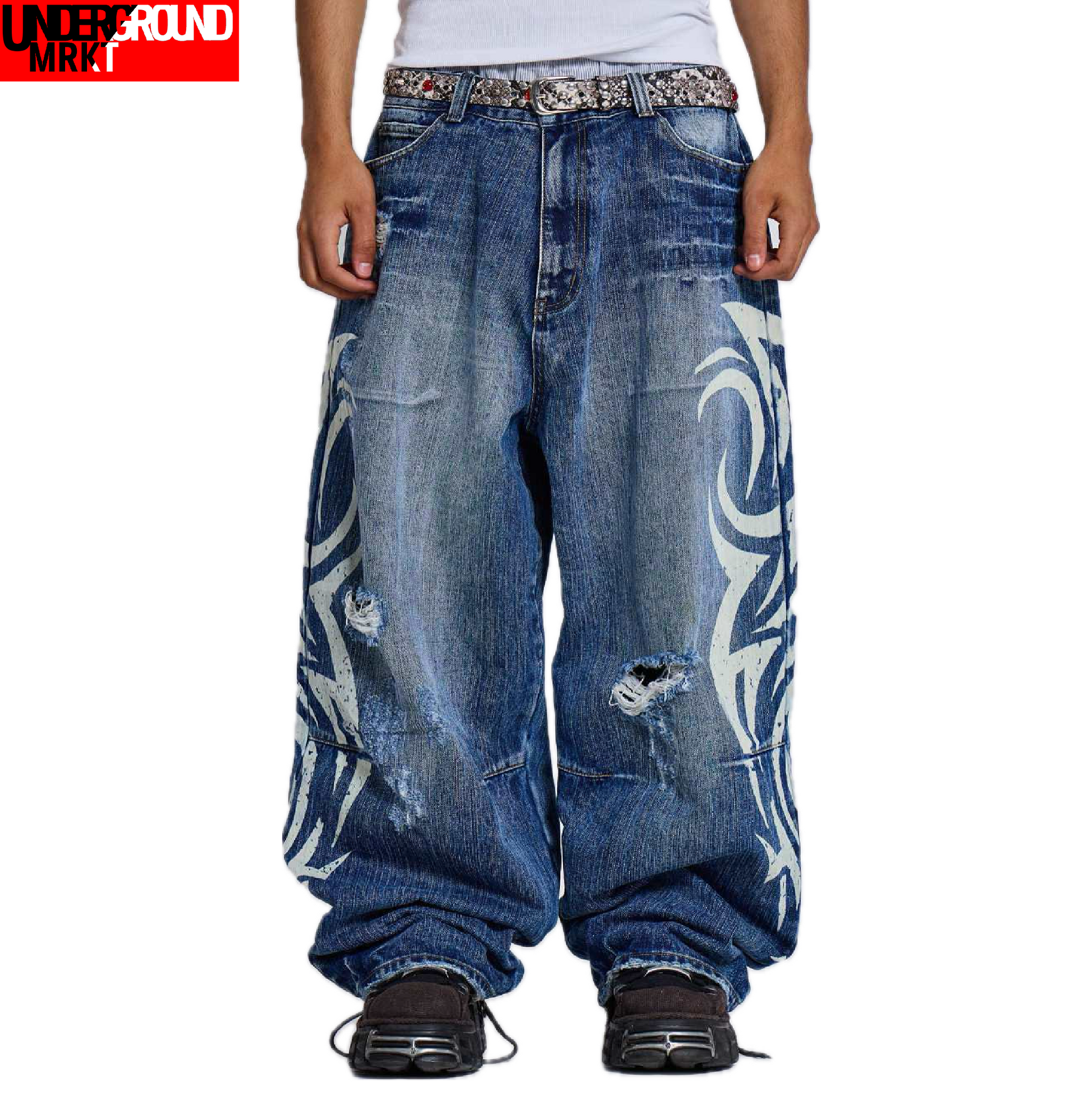 BAGGY TRIBAL DISTRESSED JEANS (BLUE)